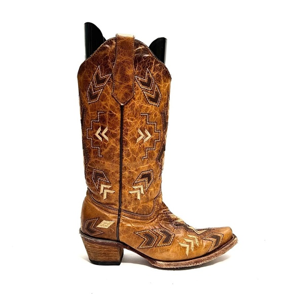 Vintage 1990s women’s brown marbled leather chevron embroidered cowboy boots - Picture 1 of 9